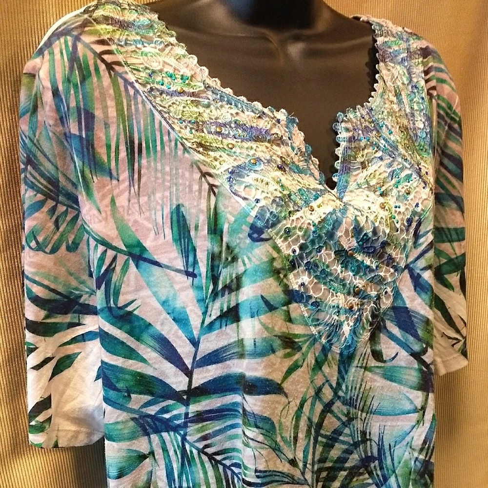 Tropical Pattern Blouse W/Lace & Bead Accents